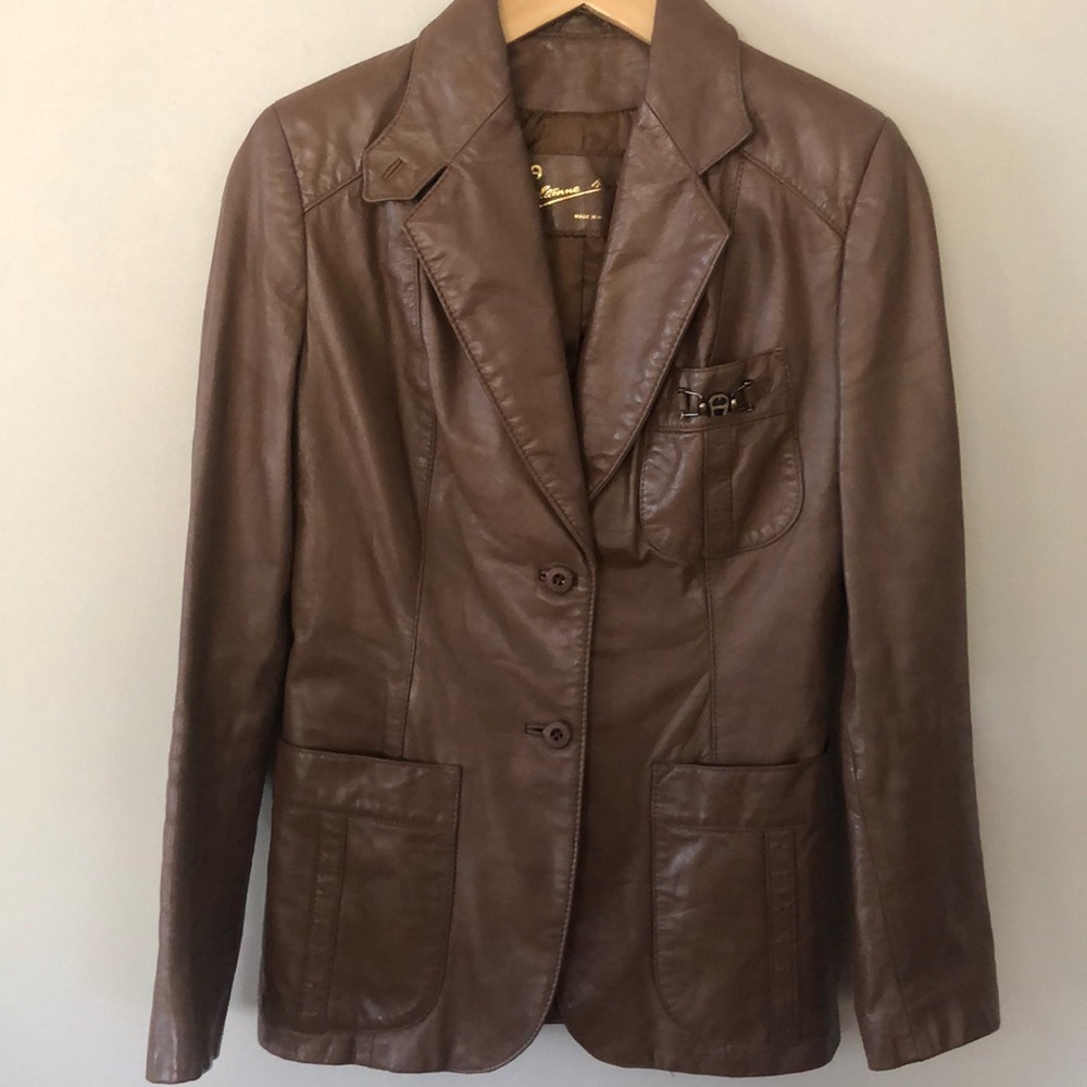 Etienne Aigner Leather Jacket Brown Brass Size 8 Vintage EXCELLENT CONDITION
